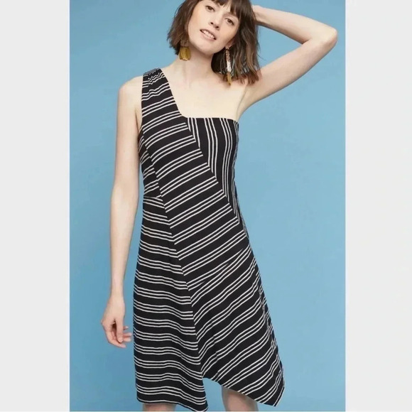 Maeve Anthropologie Moka One-Shoulder Stripe Dress Size Small - Picture 2 of 10